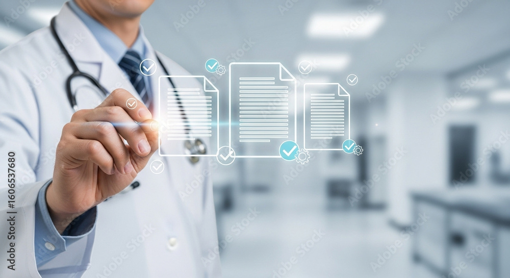 Poster doctor in lab coat interacting with digital documents and checkmarks in a modern hospital setting