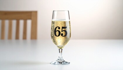 Glass of sparkling champagne with number 65 for 65th anniversary or birthday party