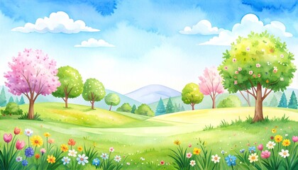 Fototapeta premium Watercolor Pastoral spring landscape illustration with colorful flowers, green grass, and blue sky
