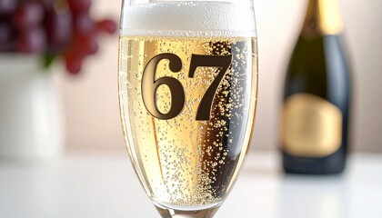 Glass of sparkling champagne with number 67 for 67th anniversary or birthday party