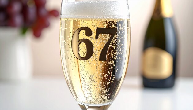 Glass of sparkling champagne with number 67 for 67th anniversary or birthday party