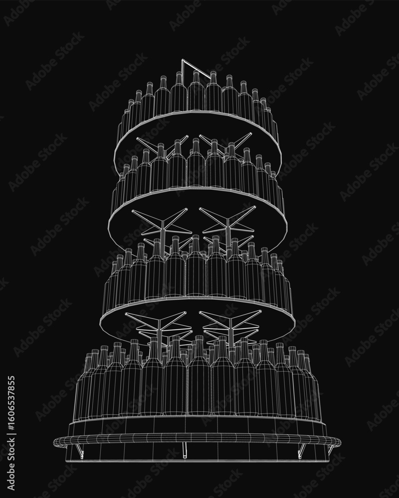 Aufkleber a tall wireframe tower stacked with numerous bottles, creating a striking black and white compositio