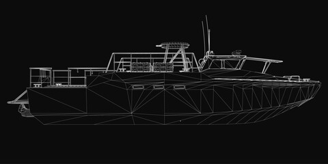 Obraz premium A military boat is depicted as a black and white 3D wireframe model on a dark background. The detailed drawing highlights the vessel's structure with clean lines and realistic shading.