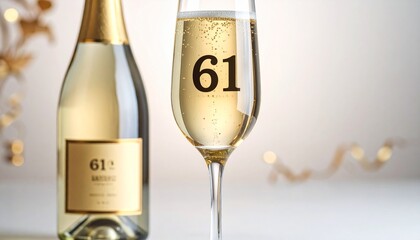 Glass of sparkling champagne with number 61 for 61st anniversary or birthday party