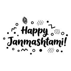 Happy Janmashtami celebratory graphic design. Modern, bold lettering with graphic elements on a white background.