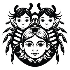 Whimsical Insect Girls Illustration Featuring Three Anthropomorphic Insect Girl Characters with Intricate Details and a Black and White Palette