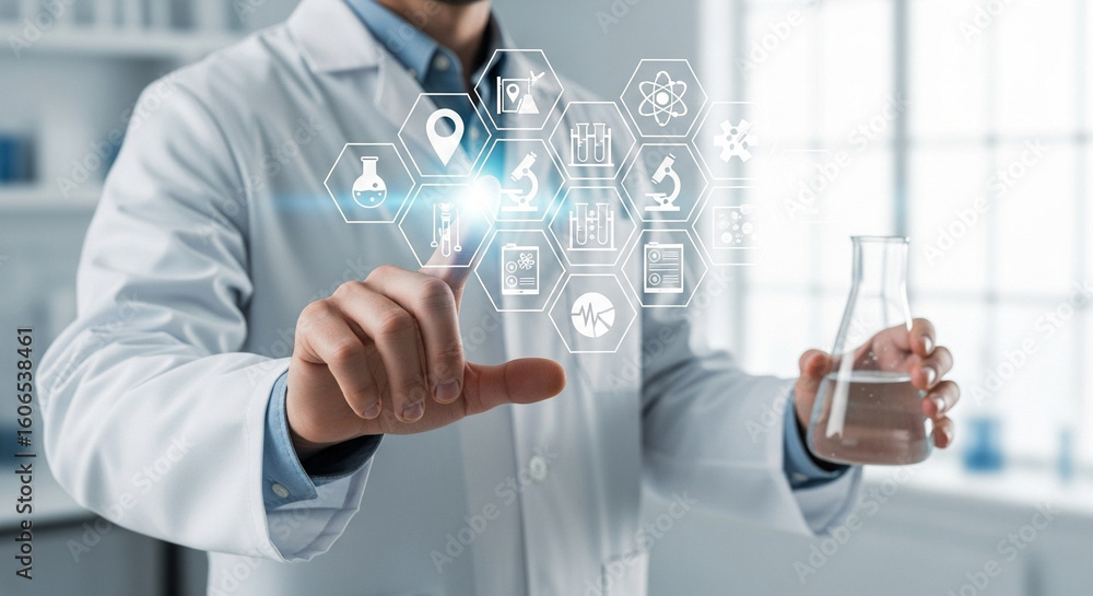 Poster scientist interacting with digital interface while holding a flask in a laboratory setting