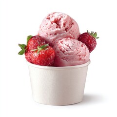 Two scoops of strawberry ice cream in a small paper cup, garnished with fresh strawberries, isolated on white