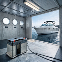 Charging an electric boat. A portable battery power station charging a luxury yacht in a boathouse, representing marine e-mobility and sustainable travel.