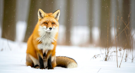Fototapeta premium red fox sitting in snowy winter forest