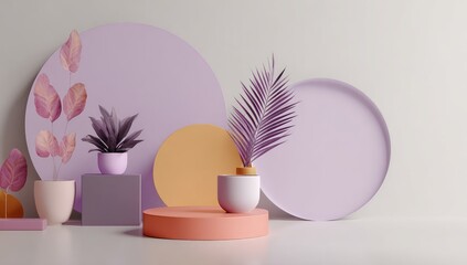Fototapeta premium Stylish display with potted plants and pastel colored shapes.