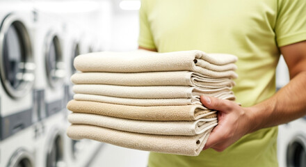 Man holding stack of folded towels in a laundromat with washing machines in the background blur 00000000