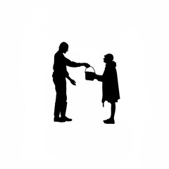 Silhouette of person handing out donation to someone in need on white background