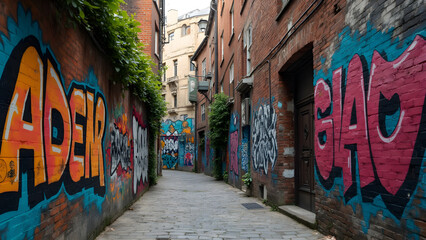Fototapeta premium Vibrant graffiti wall art. Hidden alleyway street art. Ultra realistic urban murals. Discover secret art locations.