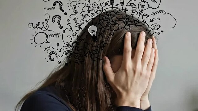 A person with long brown hair covering their face with their hands with abstract black drawings of arrows and numbers on a plain background conveying a sense of confusion or contemplation
