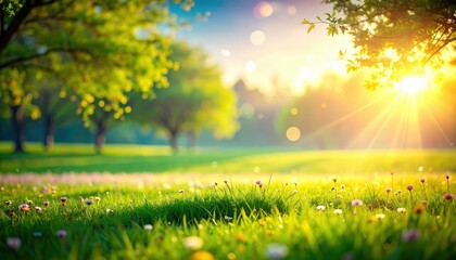 Fototapeta premium Morning sunlight illuminating a lush green meadow nature scene tranquil environment outdoor landscape vibrant viewpoint