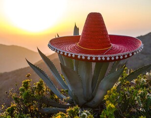 A red sombrero atop an agave plant at sunset