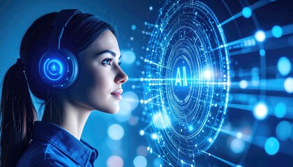 Woman with headphones, futuristic interface