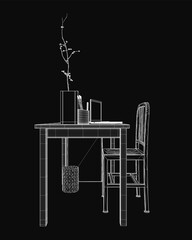 A dark workplace desk features a laptop, wireframe sketches, and a pen stand with scattered stationery. A vase of fresh flowers adds contrast to the moody atmosphere.