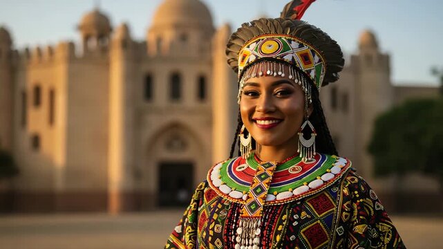 Beautiful african woman in vibrant traditional beaded attire smiling in front of a historic domed architectural building