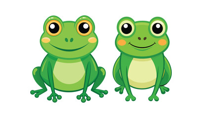 Two cute green cartoon frogs smiling together on white background