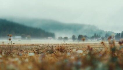 Misty autumn field with distant, fog-shrouded mountains