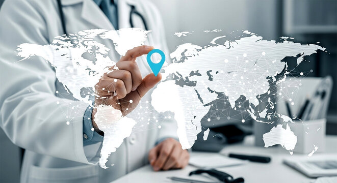 Doctor pointing at a location pin on a world map showing global healthcare and medical connections
