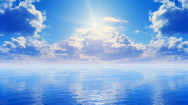 Blue sky over calm sea. Blue sea and sunny sky on horizon over calm water - Powered by Adobe