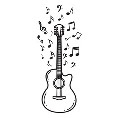 Naklejka premium Black Guitar with Musical Notes Vector | Music Design, AI generator