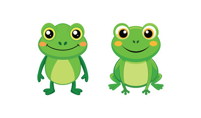 Two cute cartoon green frogs smiling and waving