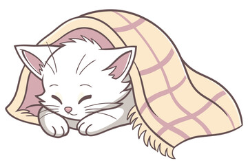 Adorable sleeping kitten nestled in a soft cozy blanket on a clean white background