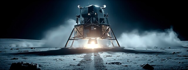lunar lander making contact with the Moon dusty surface, landing legs touching down and kicking up a cloud of  dust. banner 