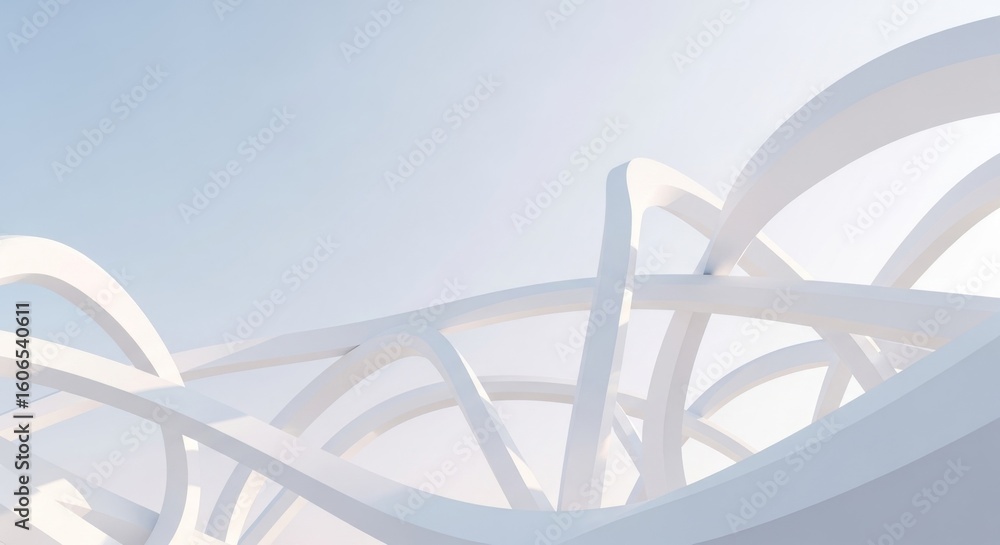 Poster abstract white architectural structure with intertwining curves against a soft blue sky backdrop