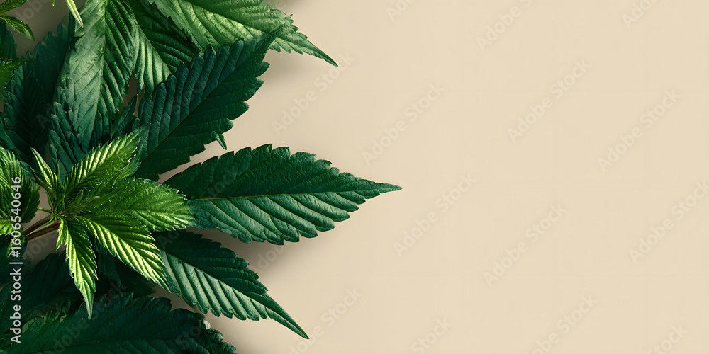 Poster green cannabis leaves arranged on the right side of a light cream background creating space for text