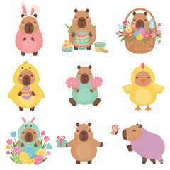 Fototapeta premium Easter Capybaras: Whimsical illustrations showcase adorable capybaras in various Easter-themed costumes and settings, including eggs, costumes, and baskets. A joyful celebration for Easter!
