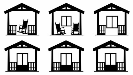 Six black and white porch houses with rocking chairs and windows in a simple vector illustration
