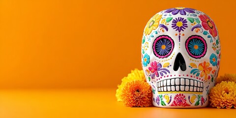 White sugar skull with colorful floral patterns and marigolds on orange background
