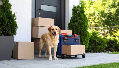 Loyal Labrador Retriever guarding boxes during a home move, awaiting family arrival