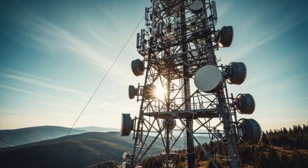 Metal telecommunications tower atop a mountain