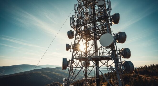 Metal telecommunications tower atop a mountain