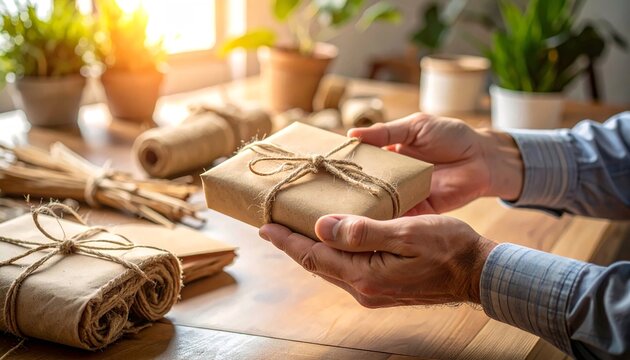 Hands Holding a Kraft Paper Wrapped Gift Box, Sustainable Packaging, Thoughtful Present, Eco-Friendly, Natural, Celebration, Surprise