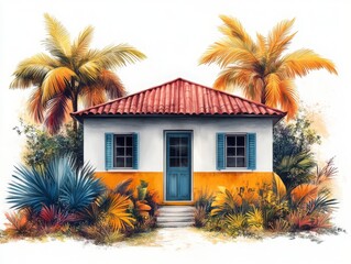 Tropical Dreamscape: A Quaint Beach House Oasis with Palm Trees and Vibrant Foliage, Evoking Caribbean Island Charm and Serene Coastal Living.