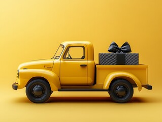 Vintage Yellow Truck Delivering a Special Gift: A Symbolic Representation of Logistics and Care on a Solid Color Background, Creating a Timeless Charm.