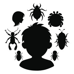 Silhouette Illustration Exploring the World of Insects Crawling Around a Boy's Head Surrounded by a Woman's Profile