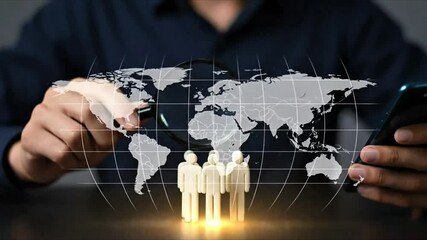 A person uses a magnifying glass and a smartphone to examine a group of small white figures representing people or employees symbolizing recruitment or analysis