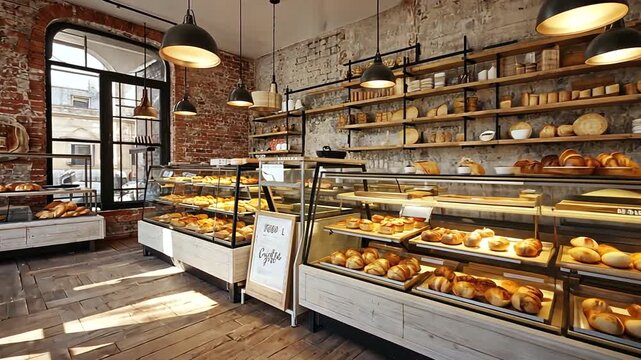 Cozy bakery interior showcasing a variety of fresh baked goods with rustic decor and sunlight