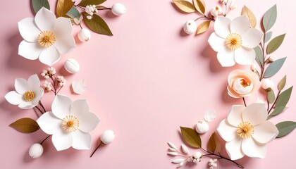 Delicate floral arrangement pink background visual art aesthetic environment top-down view nature inspired design