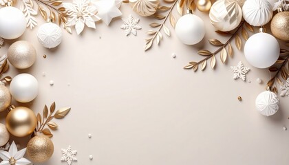 Elegant gold and white christmas ornament decoration arrangement festive atmosphere flat lay design holiday season aesthetic viewpoint