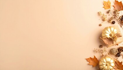 Autumn celebration decor featuring gold pumpkins and leaves cozy home setting aesthetic photography warm natural environment top-down view