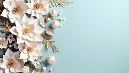Elegant floral arrangement of paper flowers blue background decorative content studio environment top view art and craft concept
